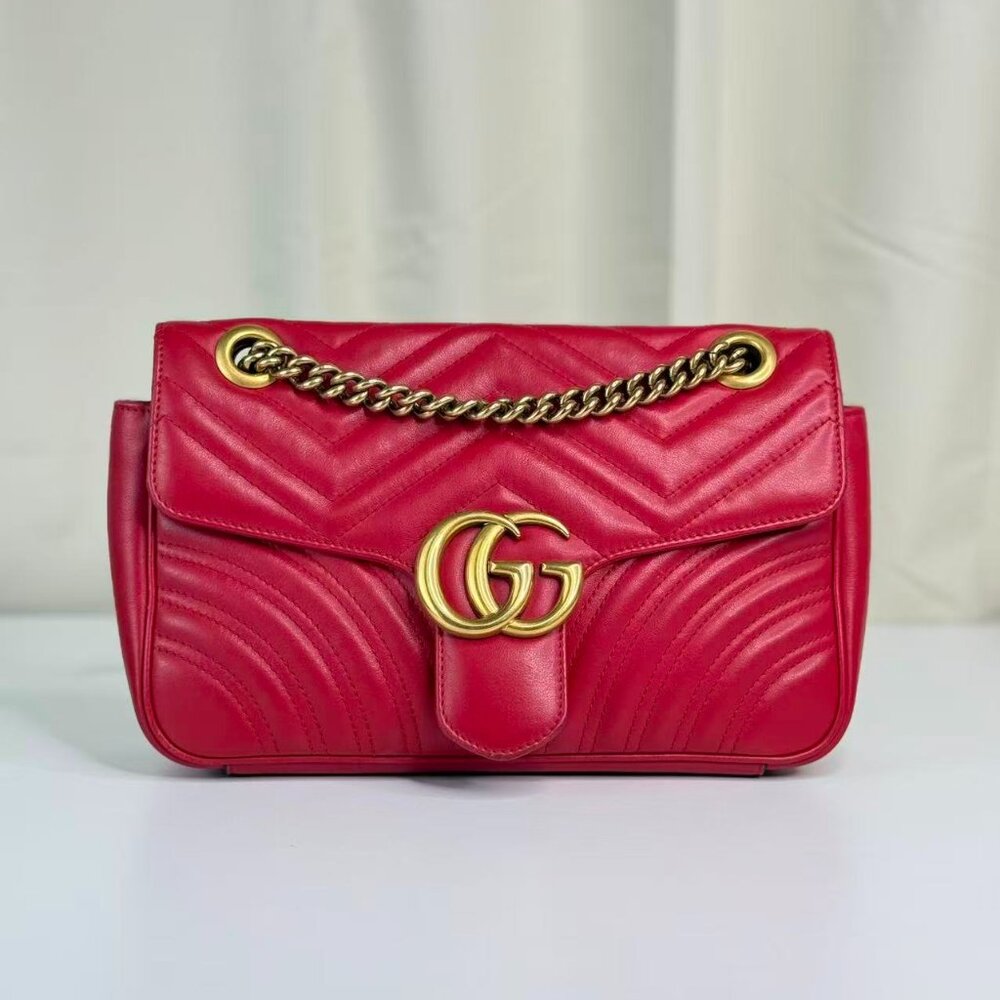 Gucci GG Logo Red Medium Marmont Shoulder Bag with Gold Chain Crossbody Style